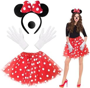 Orgoue 4PCS Mini Mouse Costume Accessories, Mouse Costume Adult Women Girls Mouse Costume Kit Mouse Ears Headband Red Polka Dot Tutu Mouse Ears Headband Nose for Halloween Dress up Birthday Party
