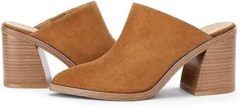 JeimPoey Heeled Mules for Women Closed Pointy Toe Backless Stacked Block Heel Slip-on Sandals Tan Brown