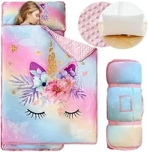 KINBEDY Rainbow Unicorn Toddler Nap Mat for Preschool Daycare Kindergarten Girls Floral Pink Kids Sleeping Mats Nap Time Pillow and Blanket Set Fleece Sleeping Bag Pad for Camping Travel