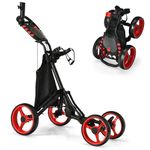 GYMAX 4 Wheels Golf Push Pull Cart, Folding Lightweight Golf Trolley with Storage Bag, Foot Brake, Umbrella Holder and Built-in Cooler, Convenient Quick Open Golf Bag Holder (Red)