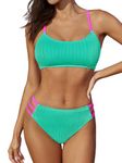 CUPSHE Women's Bikini Sets Two Piece Bathing Suit Scoop Neck Color Block Low Rise O Ring High Cut Bottom Strappy Back, Teal Blue/Pink, Large