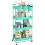 JIUYOTREE 4-Tier Plastic Rolling Storage Cart Utility Cart with Extra Hanging Cups Handles Lockable Wheels for Living Room Bathroom Kitchen Office Green