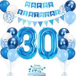 30th Birthday Decorations for Men Women,30th Birthday Balloons with Number 30 Foil Balloon Blue White Balloons Happy Birthday Banner Birthday Cake Topper for 30th Party Decorations