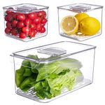 Vegetable Fruit Storage Containers,vacane 3 Pcs Set Fresh Produce Saver with Lids and Vents,Stackable Salad Lettuce Keeper for Refrigerator or Easy Carry,BPA-free Stay Fresh Containers,5.7L/1.7L/1.7L