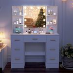 Guanglai Makeup Vanity with Mirror & Light, Vanity Desk with Storage Drawers, Multiple Shelves, White Vanity Table without Stool for Women Girls