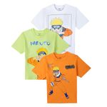 Kidsville Naruto Printed Regular Fit White, Green & Orange Cotton Boy's T-Shirt Set (Pack of 3)