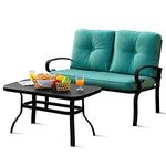 Tangkula Patio Loveseat with Table Set, 2 Seat Cushioned Sofa with Coffee Table, Patio Conversation Sofa Set with Rustproof Frame,for Garden, Poolside, Balcony (Turquoise)