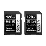 Lexar Professional SILVER SD Card 128GB 2-Pack, Up to 205MB/s Read, 140MB/s Write, SDXC UHS-I Memory Card, Class 10, U3, V30, SD Card for Professional Photographers, Videographers, Enthusiasts