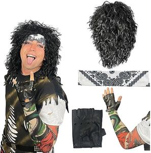 Watt's Wigs - 80s Hair Metal Rocker Costume Set - Glam Rock Band Black Curly Wig with Paisley Print Stretch Fabric Headband, Color Tattoo Sleeve, and Biker Glove - One Size Fits All (Black)