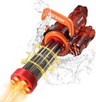 Gatling Electric Water Gun with Rotating Barrel and LED Light, Water Storage Backpack and Clamping Water Tank, 28-32ft Shooting Range, Toy Water Gun for Outdoor Pool Adult and Kids 8+ Ages (Orange)