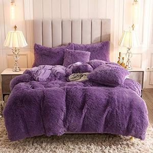 Uhamho Faux Fur Velvet Fluffy Bedding Duvet Cover Set Down Comforter Quilt Cover with Pillow Shams, Ultra Soft Warm and Durable (Queen, Purple)