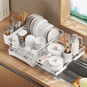 Expandable Dish Drying Rack, Over The Sink Retractable Dish Drying, Large Space Stainless Steel Dish Strainer with Cup & Utensil Holder