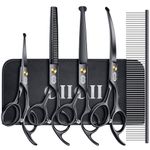 CIICII Dog Grooming Scissors Kit, 7 Inch Professional Pet Grooming Scissors Set with Safety Round Tip (Dogs/Cat Hair Cutting Trimming Thinning Shears with Curved Scissors) for DIY Home Salon (Black)