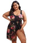 Plus Floral Print Black Split One Piece Swimsuit - XL