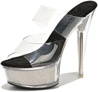 Women's Clear Platform Stiletto Heels | Slip-On Rhinestone Transparent Straps, Round Toe (Ferrara) - Black Size 7