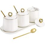 Foraineam Porcelain Sugar Bowl with Lid and Spoon Set of 3, Condiment Jar Coffee Bar Accessories, 8 oz Salt Server Spice Container Seasoning Box with Tray