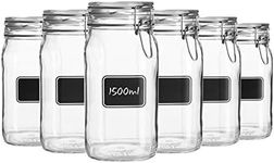 Bormioli Rocco 6pc Lavagna Glass Storage Jar Set with Chalkboard Labels - Food Pasta Jam Preserving Jars - 1.5L