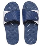 Showaflops Mens' Shower & Water Sandals for Pool, Beach, Dorm and Gym - Bold Adjustable Colorblock Slide, Navy/White, 13-14