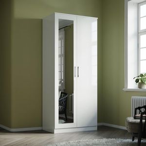 ELEGANT 2 Door Wardrobe/Cupboard with Mirror White Wooden Wardrobe Clothes Organiser Bedroom Closet Orgainzer Mordern Wardrobe Storage 2 Tiers Wardrobe Organiser 180 x 76 x 47cm
