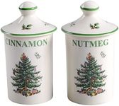 Spode Christmas Tree Spice Jars - Set of 2 Porcelain Jars for Cinnamon & Nutmeg, 4.5 Inch Seasoning Storage Jars, Beautiful Festive Kitchen Decor, Ideal for Holiday Recipes and Organization