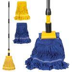 Almcmy Commercial Mop, Heavy Duty Industrial Mop with 2 Mop Replacement Heads, 57" Long Handle, Looped-End String Wet Mop for Office, Kitchen, Home, Garage, Hotel Floor Cleaning - Blue+Yellow