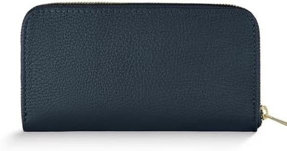 TAKEASY Italian Genuine Calf Leather Wallet for Women with Zipper | Large Pebbled Zip Card Holder Clutch with Compartments (Dark Blue)