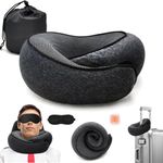 Travel Neck Pillow, Memory Foam Travel Neck Pillow, 360 Degree Comfort and Breathability, for Airplane, Cars, Office, with 3D Eye Cups, Ear Plugs and Storage Pouch, Pillow with Washable Cover