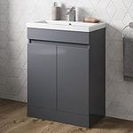 Artis® 600mm Vanity Unit Basin Sink Storage Cabinet, Soft Close Doors Hinges, Floorstanding Bathroom Furniture Cupboard, Grey Gloss