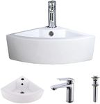 VOKIM Small Corner Wall Mount Bathroom Sink and Faucet Combo with Overflow White Porcelain Ceramic Above Counter Mini Vanity Vessel Sink with Chrome Faucet and Pop-up Drain Combo