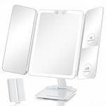 Beautifive Travel Lighted Makeup Mirror with 48 LED lights, 1X/5X/10X Magnifying Tri-fold Table Mirror, Stepless Dimming and Touch Control, Portable USB Rechargeable Cosmetic Vanity Mirror