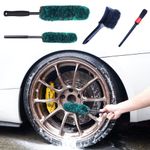 oesee Professional 4 Pack Long Handle Wheel Brush Kit for Cleaning Wheel and Tire- 2X Soft Wheel Cleaning Brush, Detailing Brush and Stiff Tire Brush, Bendable& Durable Wheel Rim Cleaner Brush Set