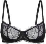 Dobreva Women's Balconette Push Up Bra Sexy Lace Plus Size Unlined Sheer Underwire Black 34DD