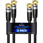 Coaxial Cable RG6 Coax Cord 8 Feet (Black), Triple Shielded Wire CL3 F-Type Connectors (2 Pack)