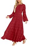 MITILLY Women's Elegant Floral Long Sleeve Round Neck Smocked A-Line Flowy Tiered Maxi Dress with Pockets, Red, X-Large