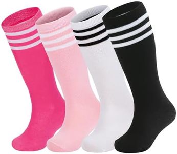 Zando 4 Pairs Boys Soccer Socks Youth Pink Baseball Socks Boys Knee High Sport Socks Girls Long Cotton Socks Kids Tube Socks School Uniform Socks for Boys Girls White/Black/Pink/Hot Pink 6-9 Years