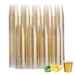 MATANA 300 Clear Hard Plastic Shot Glasses with Gold Glitter, 30ml - Sturdy & Reusable - Jello & Tequila Shots, Sample Tasting Cups - Birthdays, Weddings, Christmas, BBQ, Parties