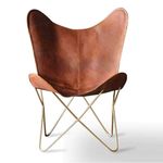 CasaGold Genuine Leather Butterfly Chair I Living Room Chairs Handmade in Golden Iron Frame & Leather Chair (Brown)