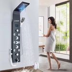 X-XONIER® Stainless Steel 304 Grade Thermostatic Shower Panel 7in1+3 Ways Extra Large HandShower set,Health Faucet With LED Rainfall, Waterfall, Body Massager, 6 Mist Spray Temp. Display (Black)