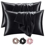 Filloxy Satin Silk Pillow Cover 2 Piece | 3 PC Multicolor Scrunchies | with Envelope Closure Design | Comfortable for Hair and Skin | Case Set - 18"x28" inches (2.Black)