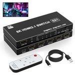 8K HDMI Switch 5 in 1 Out, 5 Port HDMI Splitter with IR Remote HDMI Switcher Selector Box Support 8K@60Hz 4K@120Hz, HDMI 2.1 Switch Compatible with PS 5/4/3 Xbox Switch Roku TV Fire Stick PC