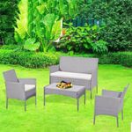 XEO HOME Rattan Garden Furniture Set 4 Pc Table and Chairs 4 Piece Indoor Outdoor Balcony Patio and Conservatory Furniture Sofa Backyard Pool Side Coffee Seater (Grey)