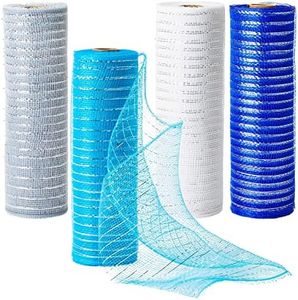 Bright Creations 4-Pack Deco Mesh Ribbon Rolls, 10 in x 30 ft Craft Mesh for Wreaths, Centerpieces, Decorations, Metallic Poly Burlap Mesh 10 inches in Blue, Silver, White, and Royal Blue (10 yd)