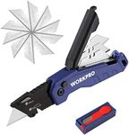 WORKPRO Folding Utility Knife, Quick Change Box Cutter, Razor Knife for Cartons, Cardboard, Boxes, Blade Storage in Aluminum Handle, 13 Extra Blades Included (Blue)