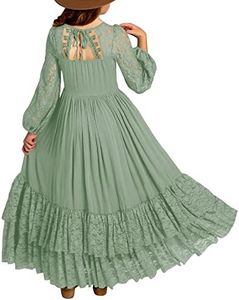 MITILLY Girls Boho Long Sleeve Backless Lace Flower Square Neck Tiered Ruffle Swing Party Maxi Dress, 06 Light Green, 10 Years