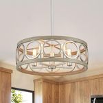 peskoe Modern Farmhouse Dining Room Light Fixtures, 21.7'' Drum Chandelier for Living Room Kitchen Island Bedroom, 5-Light Rustic Nickel and Wood Grain Pendant Lighting