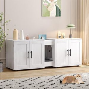 GOCAPTAIN Litter Box Enclosure for 2 Cats, Cat Hidden Litter Box Enclosure Furniture with Double Room, Wooden Enclosed Cat Litter Box Furniture,55”L x 17.7”W x 22.5”H,White…