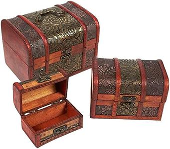 Juvale 3-Set Small Wooden Treasure Chest Boxes with Flower Motifs, Decorative Vintage Style Trunks for Jewelry Keepsakes, Coin Collection, and Home Decor (3 Assorted Sizes)