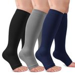 3 Pack Open Toe Compression Socks for Women and Men, Toeless Knee High Stockings for Circulation Support, Black Gray Navy Large-X-Large