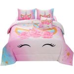 JQinHome Unicorn Twin Bedding Sets for Girls Kids,6 Piece Bed in A Bag 3D Colorful Flower Girl Unicorn Comforter Set with Sheet Set