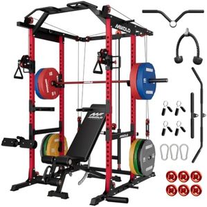 Mikolo K6 2.0 Power Cage, Power Rack with Cable Crossover System, 2000LBS Squat Rack with LAT Pull Down System, Functional Trainer with Aluminum Pulley System for Home Gym, Red, 370LB Color Weights